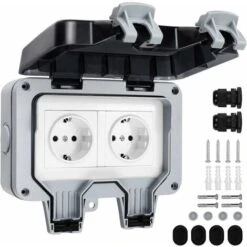 Kueatily Prise étanche Double Avec Bote De Derivation étanche, Prise Extérieure IP66, Prise Murale Anti Poussière Pour Cuisine, Salle De Bain, Garage, Piscine Et Gardin