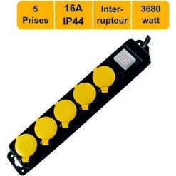 Bloc Multiprises 5 Prises 16A IP44 + Inter 2P+T - Garantie 2 Ans