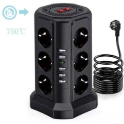 Tour Multiprise Parafoudre Et Surtension, Multiprise Electrique Avec 5 Ports USB Et 12 Prises, Multiprise Avec Et 3 Interrupteurs, Noir -Douille Soldes Boutiquec 55339622 4