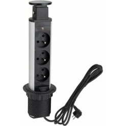 Bloc Multiprise Rétractable à Encastrer Avec 3 Prises De Courant 230V Escamotable Ø60mm Câble 2m Plan De Travail Cuisine Bureau Chambre Pull-Up