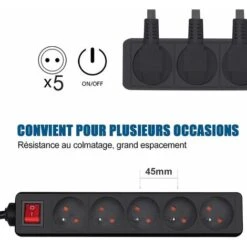 Multiprise Monobloc 5 Prises 16A Avec Rallonge Interrupteur 3M 230 V Avec Sécurité Enfant, Noir -Douille Soldes Boutiquec 74833328 4