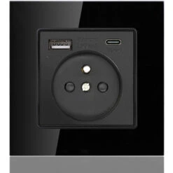 Panneau De Prises Françaises Type-c+USB16A Type 86, Nombre De Prises : 2 Trous, Nombre De Ports USB : 1, Nombre De Ports Type-c : 1, Sûr Et Ferme(style Verre, Noir)