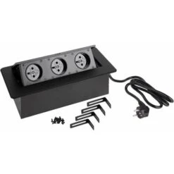 Multiprise Rectangulaire Encastrable 3 Prises 230V Couvercle Rabattable Escamotable Câble Alimentation 1,5m Plan De Travail Cuisine Bureau Atelier Discret Design Décoration Robuste, Métal Noir