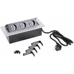 Multiprise Rectangulaire Encastrable 3 Prises 230V Couvercle Rabattable Escamotable Câble Alimentation 1,5m Plan De Travail Cuisine Bureau Atelier Discret Design Décoration Robuste, Métal Argenté Imit