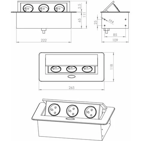 Multiprise Rectangulaire Encastrable 3 Prises 230V Couvercle Rabattable Escamotable Câble Alimentation 1,5m Plan De Travail Cuisine Bureau Atelier Discret Design Décoration Robuste, Métal Argenté Imit 3 Multiprise Rectangulaire Encastrable 3 Prises 230V Couvercle Rabattable Escamotable Câble Alimentation 1,5m Plan De Travail Cuisine Bureau Atelier Discret Design Décoration Robuste, Métal Argenté Imit – Image 3