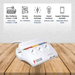 Bloc Multiprise Couleur 5 Prises Et 2 USB + 5 Stickers - Support Téléphone - Normes NF -Douille Soldes Boutiquec 81923347 3