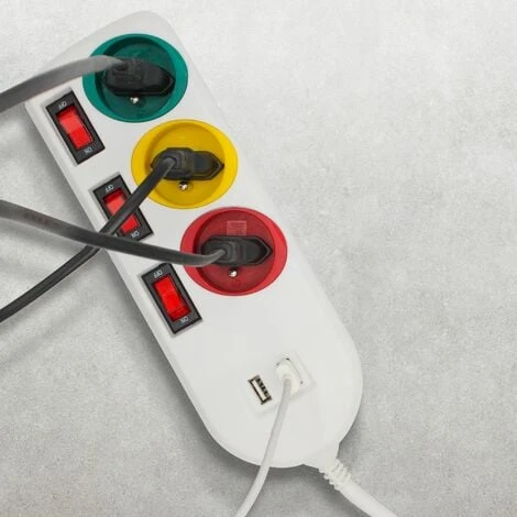 FISHTEC Bloc Multiprise 3 Prises Couleurs 16A + 2 Ports USB 2A + 3 Stickers - Interrupteurs Individuels - Normes NF 2 FISHTEC Bloc Multiprise 3 Prises Couleurs 16A + 2 Ports USB 2A + 3 Stickers - Interrupteurs Individuels - Normes NF – Image 2