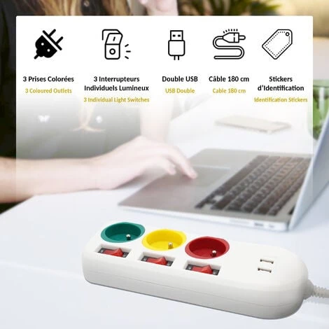 FISHTEC Bloc Multiprise 3 Prises Couleurs 16A + 2 Ports USB 2A + 3 Stickers - Interrupteurs Individuels - Normes NF 3 FISHTEC Bloc Multiprise 3 Prises Couleurs 16A + 2 Ports USB 2A + 3 Stickers - Interrupteurs Individuels - Normes NF – Image 3