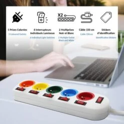 Lot De 2 - Bloc Multiprise Couleur - Interrupteur Pour Chaque Sortie + Stickers - Cable 1,5 M - Normes NF 7 Lot De 2 - Bloc Multiprise Couleur - Interrupteur Pour Chaque Sortie + Stickers - Cable 1,5 M - Normes NF -Douille Soldes Boutiquec 81923475 3