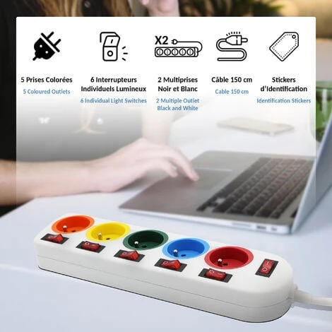 Lot De 2 - Bloc Multiprise Couleur - Interrupteur Pour Chaque Sortie + Stickers - Cable 1,5 M - Normes NF 3 Lot De 2 - Bloc Multiprise Couleur - Interrupteur Pour Chaque Sortie + Stickers - Cable 1,5 M - Normes NF – Image 3
