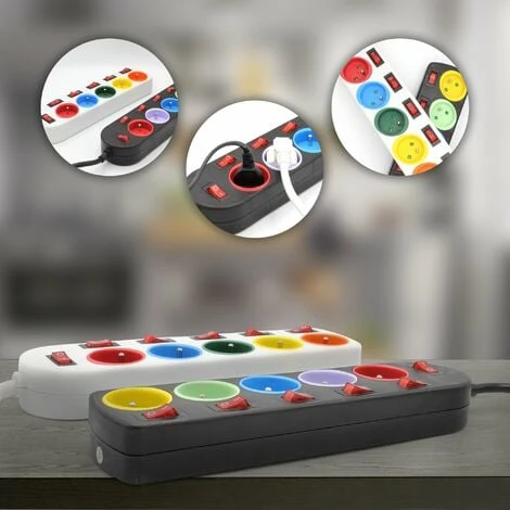 Lot De 2 - Bloc Multiprise Couleur - Interrupteur Pour Chaque Sortie + Stickers - Cable 1,5 M - Normes NF 5 Lot De 2 - Bloc Multiprise Couleur - Interrupteur Pour Chaque Sortie + Stickers - Cable 1,5 M - Normes NF – Image 5