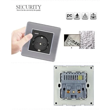 Panneau De Prises Françaises Type-c+USB16A Type 86, Nombre De Prises : 2 Trous, Nombre De Ports USB : 1, Nombre De Ports Type-c : 1, Sûr Et Ferme(façon Verre, Gris) 4 Panneau De Prises Françaises Type-c+USB16A Type 86, Nombre De Prises : 2 Trous, Nombre De Ports USB : 1, Nombre De Ports Type-c : 1, Sûr Et Ferme(façon Verre, Gris) – Image 4