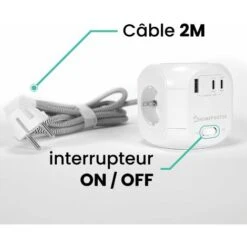 Multiprise Cube - HOMEPROTEK - 1 USB A Et 2 USB C - Un Chargeur à Induction - 3 Prises Europe - Un Bouton ON/OFF - - Blanc -Douille Soldes Boutiquec 91708260 5