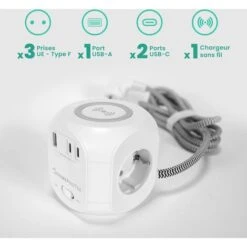 Multiprise Cube - HOMEPROTEK - 1 USB A Et 2 USB C - Un Chargeur à Induction - 3 Prises Europe - Un Bouton ON/OFF - - Noir -Douille Soldes Boutiquec 91708261 3