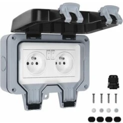 Prise étanche Extérieure Monobloc IP66 étanche Extérieure (double Prise Avec Interrupteur Gris)